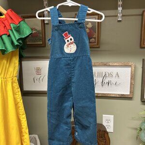 Vintage Boys Corduroy Overalls Teal Snowman Healthtex Sz 18 Months Christmas